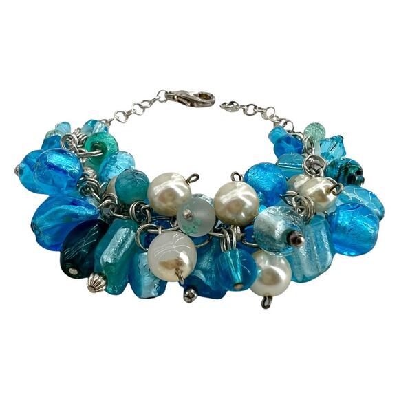 Ocean Blue Glass Silver Tone Dangle Bracelet 8 inch Adjustable Length - Picture 1 of 4